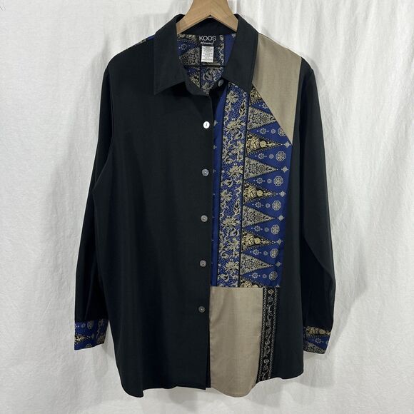 Koos Of Course Mixed Pattern Blue Black Button Up Shirt Womens Size L Lagenlook - Picture 1 of 12